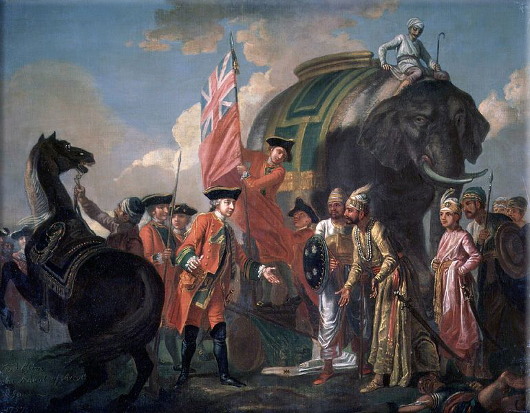 The Battle of Plassey: 3,000 British troops under Robert Clive defeat a 50,000 strong Indian army under Siraj Ud Daulah at Plassey