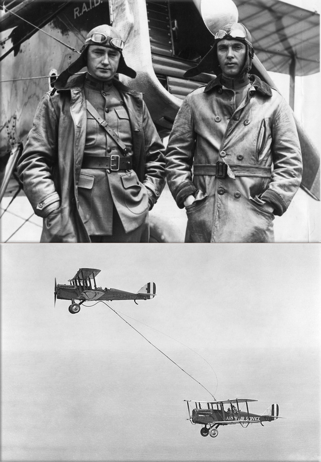 Captain Lowell H. Smith and Lt. John P. Richter perform the first ever aerial refueling in a DH-4B biplane