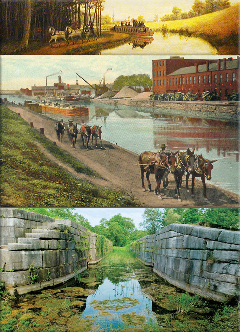 Erie Canal was a canal constructed in the 1820s and early 1830s (It connected Akron, Summit County, with the Cuyahoga River near its mouth on Lake Erie in Cleveland, Cuyahoga County, and a few years later, with the Ohio River near Portsmouth, Scioto County, and then connections to other canal systems in Pennsylvania and Ohio)