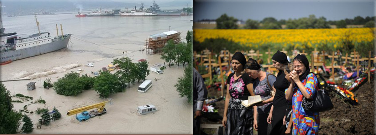 2012 Russian floods: At least 171 people are killed in a flash flood in the Krasnodar Krai region of Russia, source AFP / Getty Images