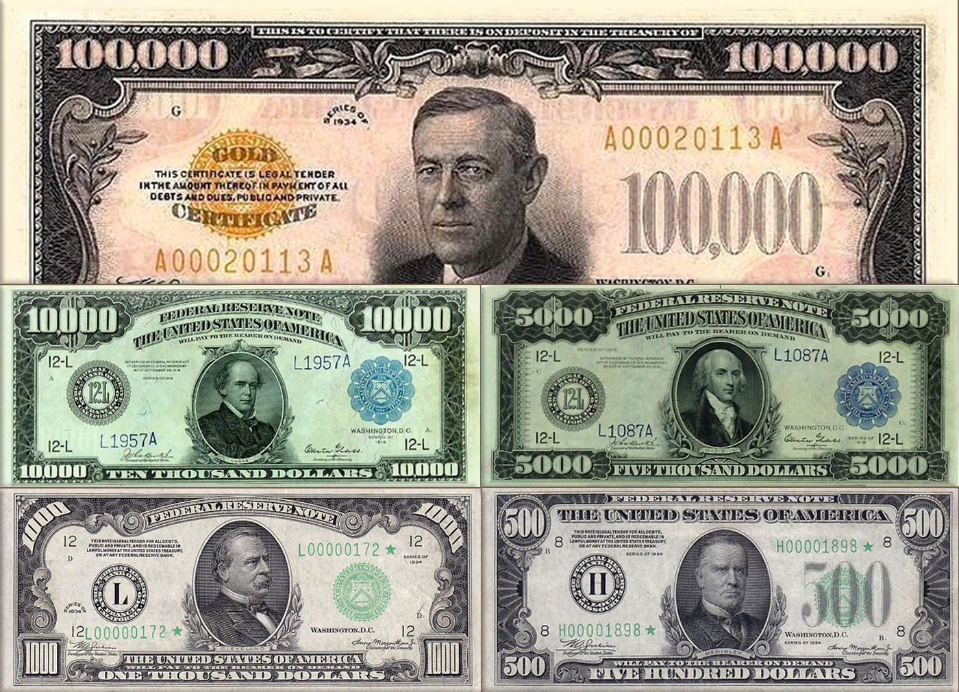 The United States $500, $1,000, $5,000 and $10,000 bills are officially withdrawn from circulation