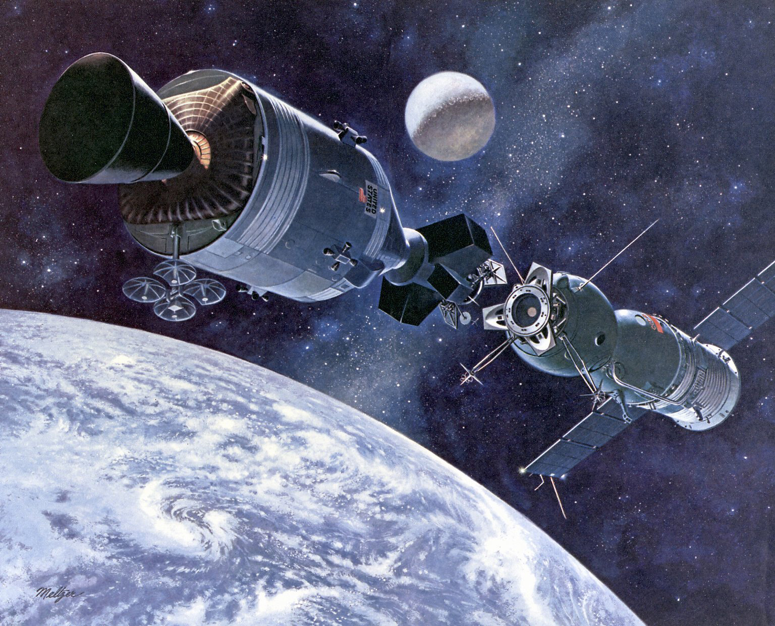 Apollo-Soyuz Test Project: An American Apollo and a Soviet Soyuz spacecraft dock with each other in orbit marking the first such link-up between spacecraft from the two nations