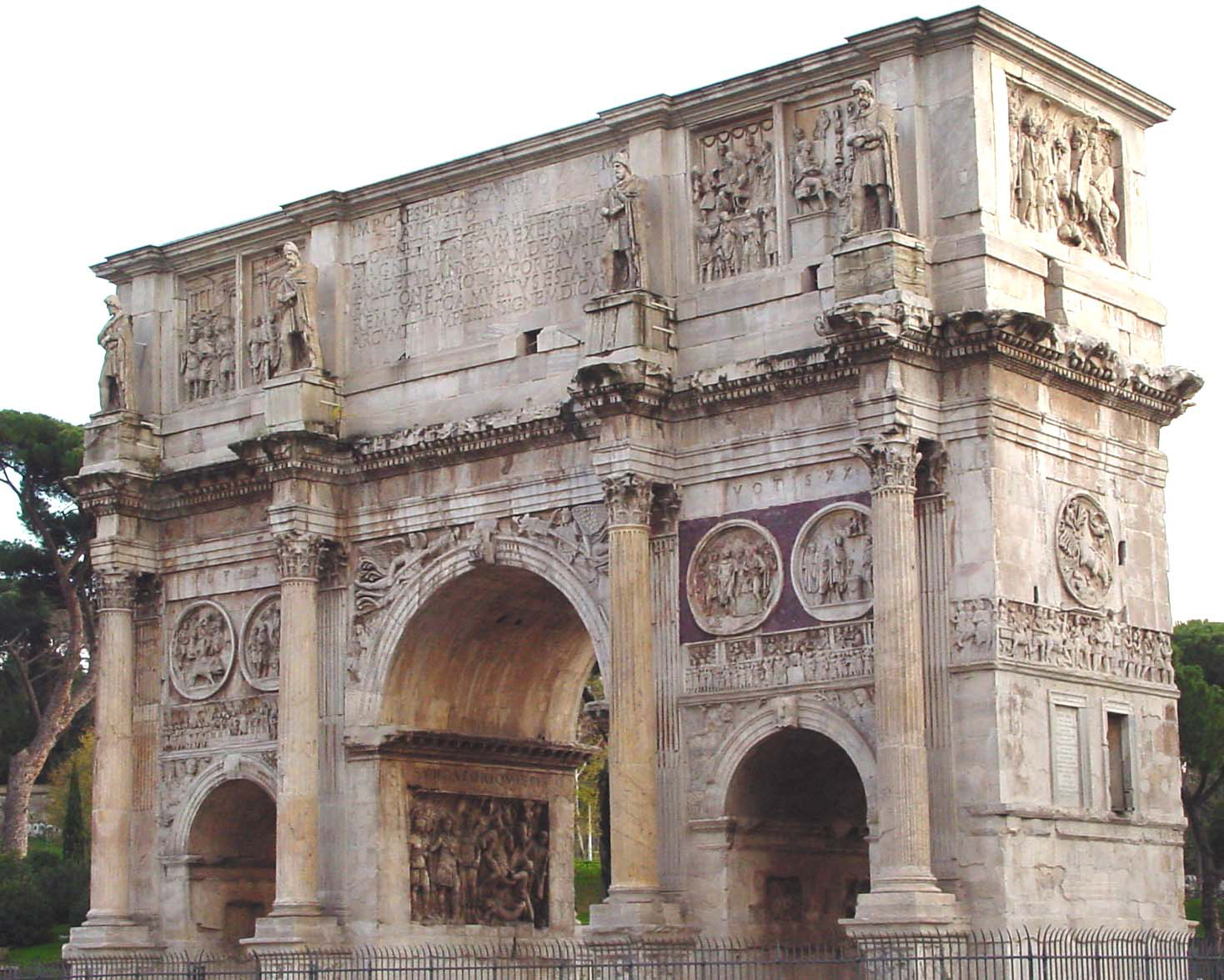 The Arch of Constantine is completed near the Colosseum at Rome to commemorate Constantine's victory over Maxentius at the Milvian Bridge