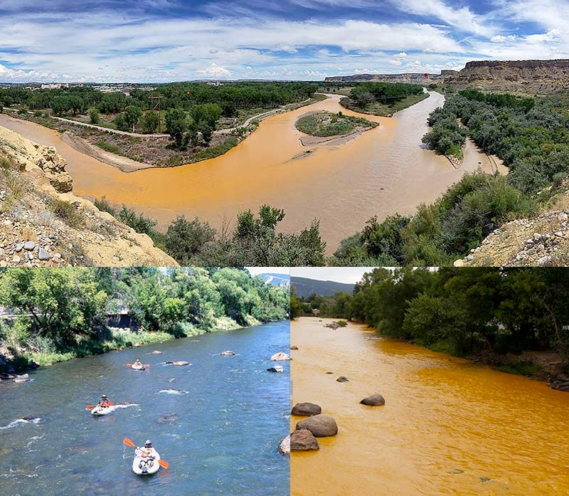 Gold King Mine waste water spill: The Environmental Protection Agency at Gold King Mine waste water spill releases 3 million gallons of heavy metal toxin tailings and waste water into the Animas River in Colorado.