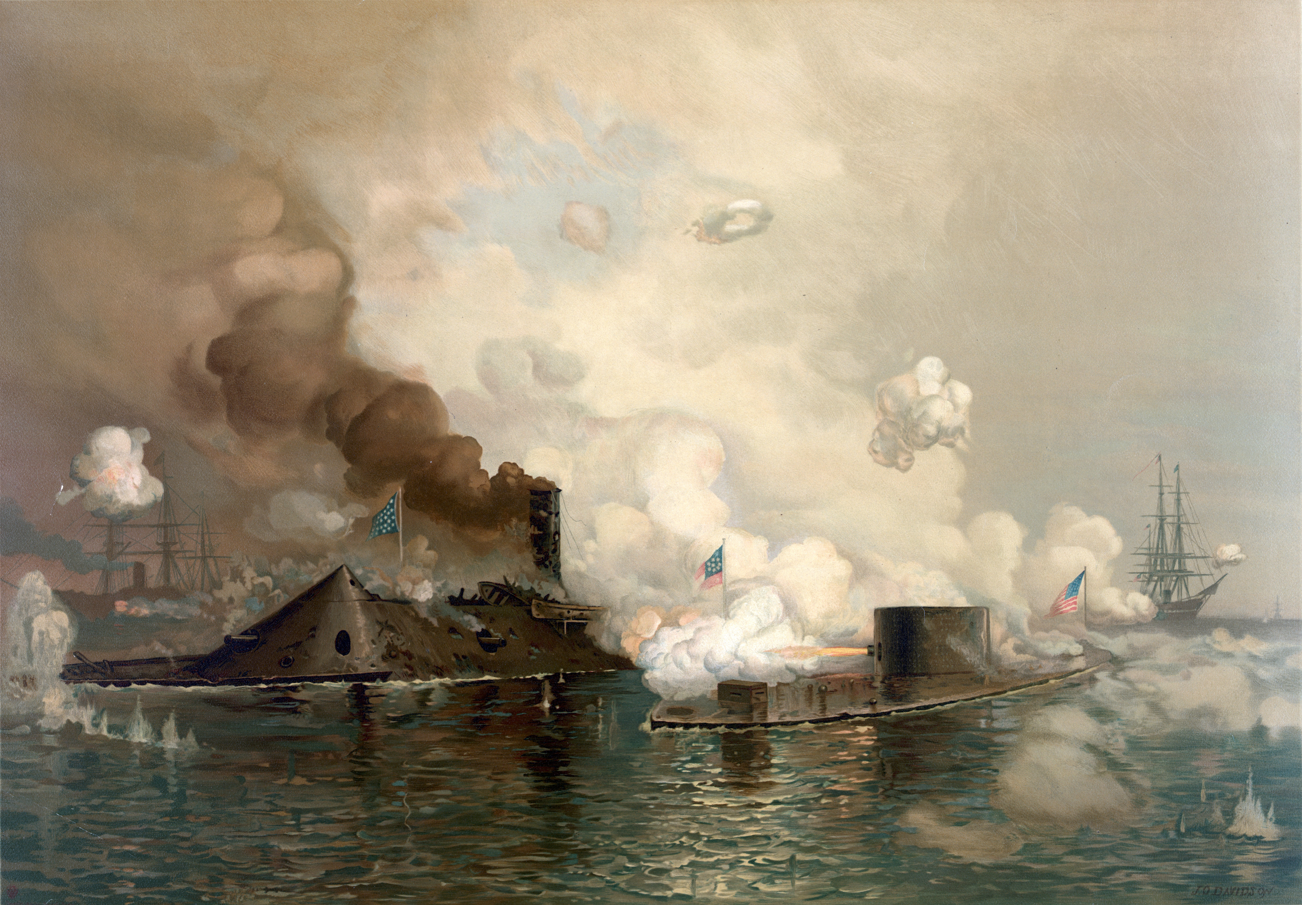 American Civil War: American Civil War: First Battle Between Ironclads; CSS Virginia/Merrimac (left) vs. USS Monitor, in 1862 at the Battle of Hampton Roads
