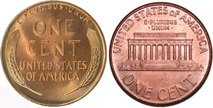 The Lincoln Memorial design on the U.S. penny goes into circulation. It replaces the 'sheaves of wheat' design, and was minted until 2008