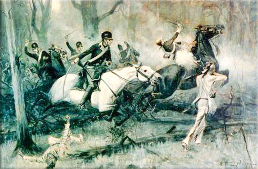 Battle of Fallen Timbers: American troops force a confederacy of Shawnee, Mingo, Delaware, Wyandot, Miami, Ottawa, Chippewa, and Potawatomi warriors into a disorganized retreat