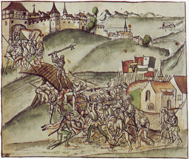 Battle of St. Jakob an der Birs: A vastly outnumbered force of Swiss Confederates is defeated by the Dauphin Louis (future Louis XI of France) and his army of 'Armagnacs' near Basel