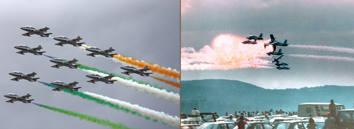 Ramstein air show disaster: three aircraft of the Frecce Tricolori demonstration team collide and the wreckage falls into the crowd. 75 are killed and 346 seriously injured
