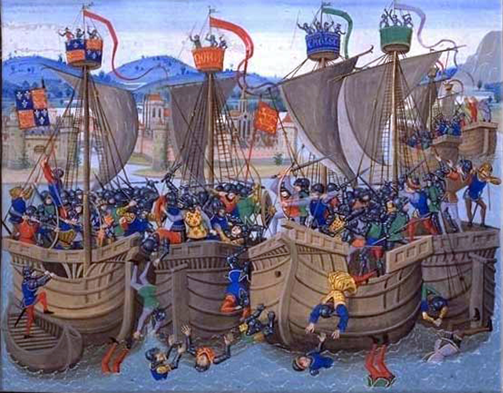 Battle of Winchelsea (or Les Espagnols sur Mer): The English naval fleet under King Edward III defeats a Castilian fleet of 40 ships