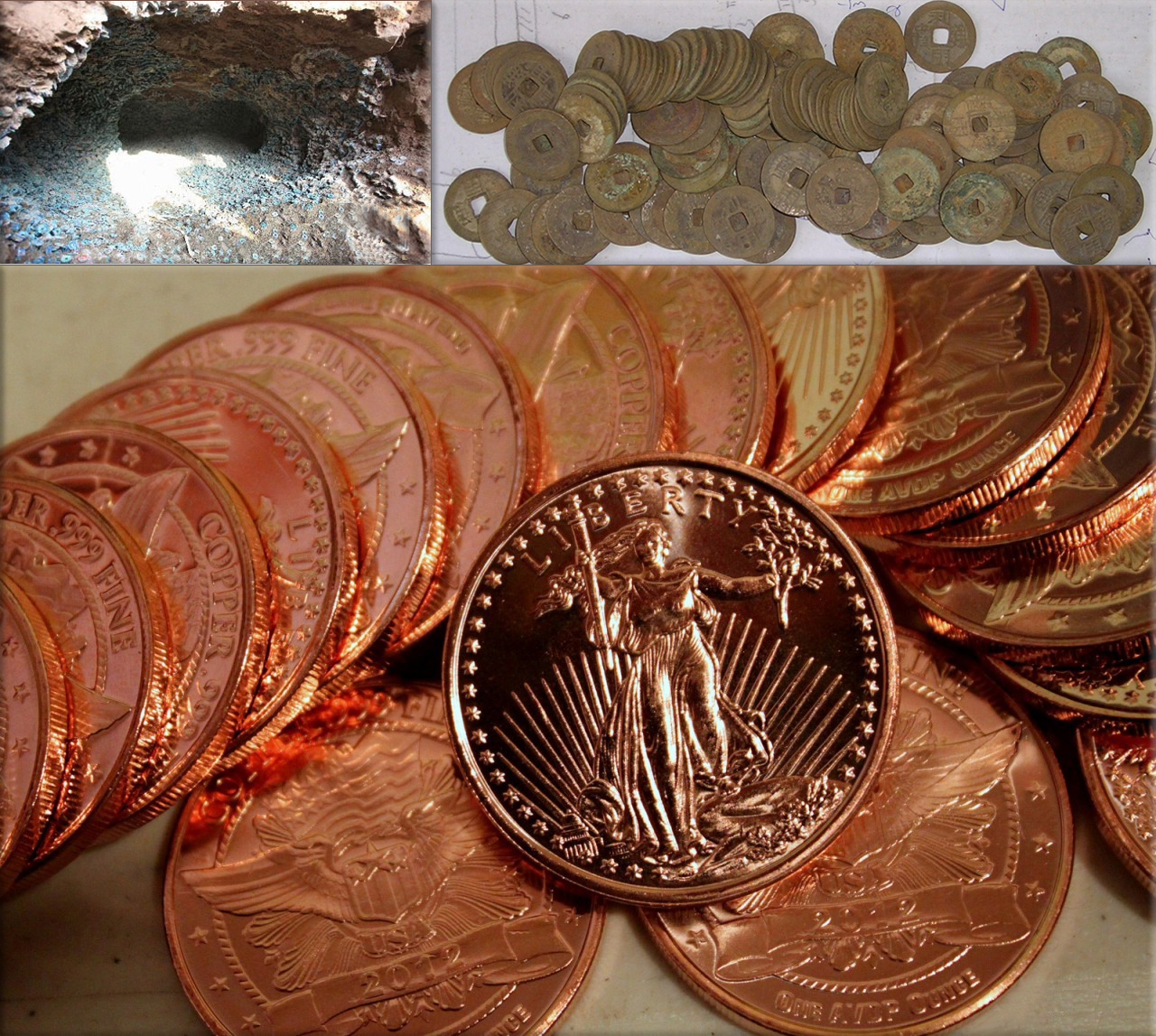 Coins: ● Ancient kiln, cache of copper coins excavated in Shaanxi ● Ancient copper coins ● U.S. Liberty copper coins.
