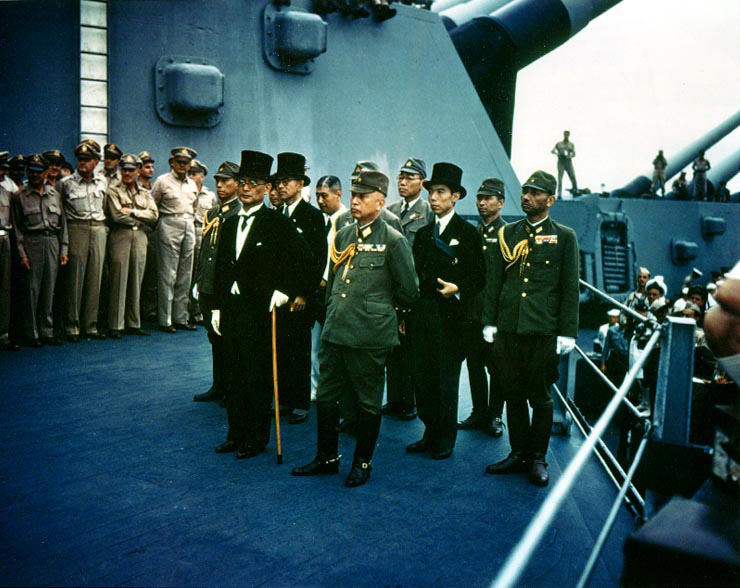 World War II: Pacific Theater; Combat ends in the Pacific Theater: the Instrument of Surrender of Japan is signed by Japanese Foreign Minister Mamoru Shigemitsu and accepted aboard the battleship USS Missouri in Tokyo Bay