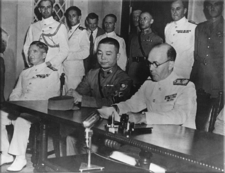 World War II: The surrender of the Japanese troops in Hong Kong. The surrender is accepted by the Royal Navy Admiral Sir Cecil Harcourt