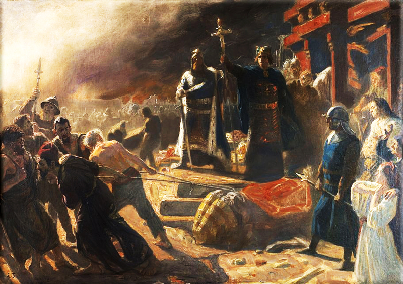 Christianity in the 12th century: Danish Bishop Absalon destroys the idol of Slavic god Svantevit at Arkona in a painting by Laurits Tuxen