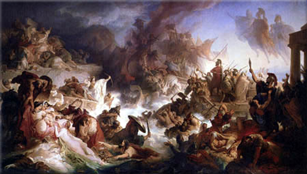 Battle of Salamis: The Greek fleet under Themistocles defeats the Persian fleet under Xerxes I