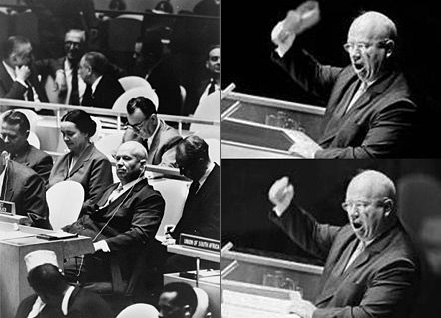 Nikita Khrushchev, leader of Soviet Union, pounds his shoe on a desk at United Nations General Assembly meeting to protest a Philippine assertion of Soviet Union colonial policy being conducted in Eastern Europe
