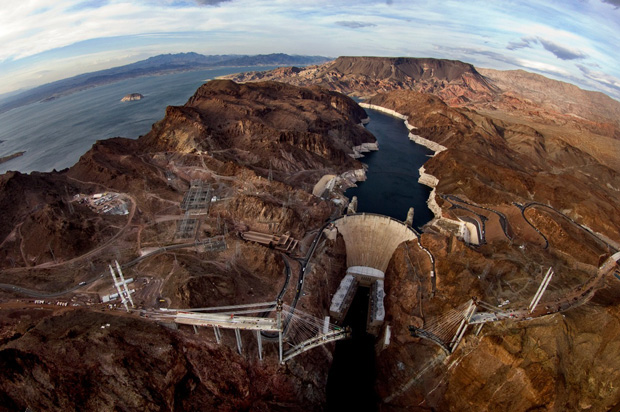 Hoover Dam, astride the border between the U.S. states of Arizona and Nevada, is dedicated