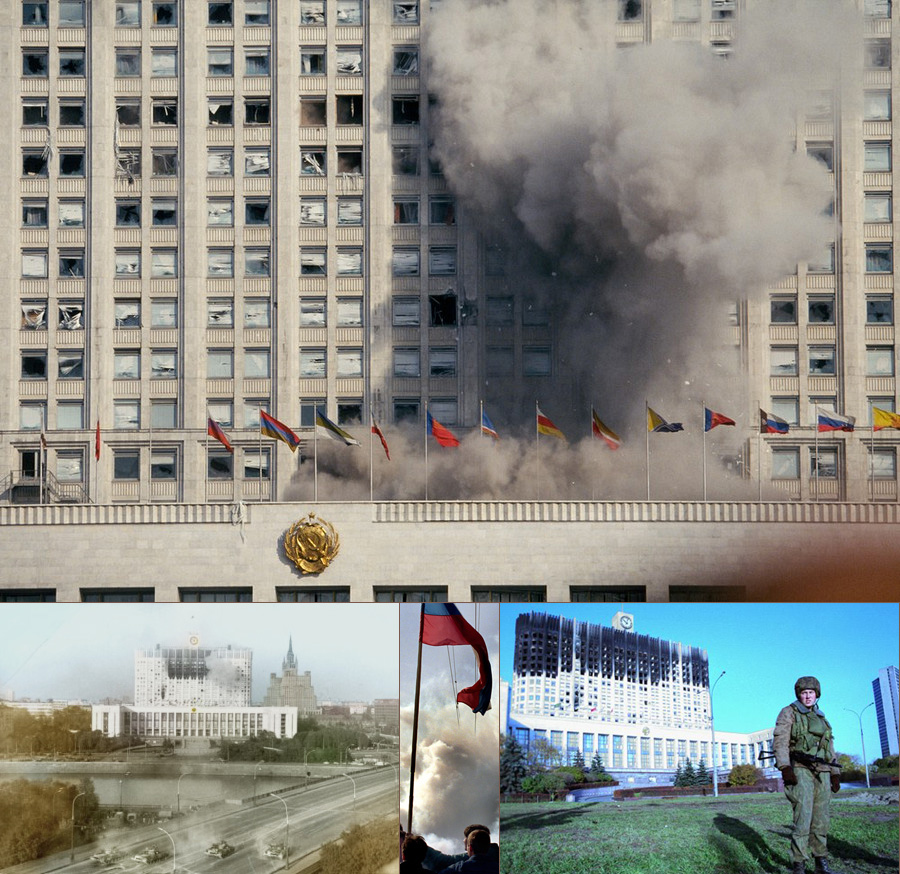 Russian Constitutional Crisis: In Moscow, tanks bombard the White House, a government building that housed the Russian parliament, while demonstrators against President Boris Yeltsin rally outside