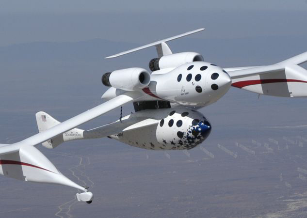 SpaceShipOne wins Ansari X Prize for private spaceflight, by being the first private craft to fly into space, credit Scaled Composites