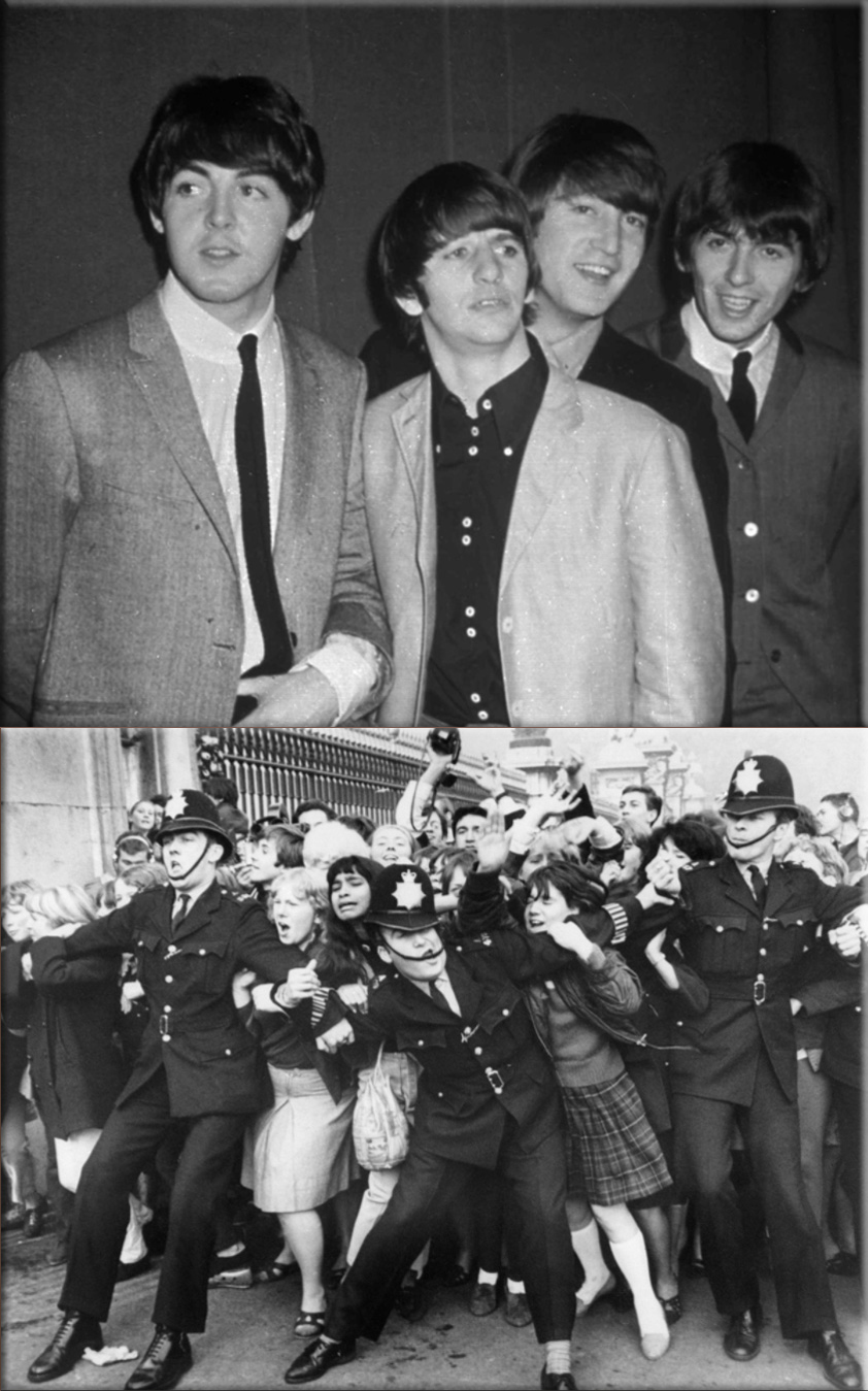 The Beatles – from left, Paul McCartney, Ringo Starr, John Lennon and George Harrison, November 1963 photo, credit AP; Beatles fans try to break through a police line at Buckingham Palace in London where the group were due to receive the Member of the British Empire (MBE) decoration from the Queen, October 26, 1965, credit Getty Images