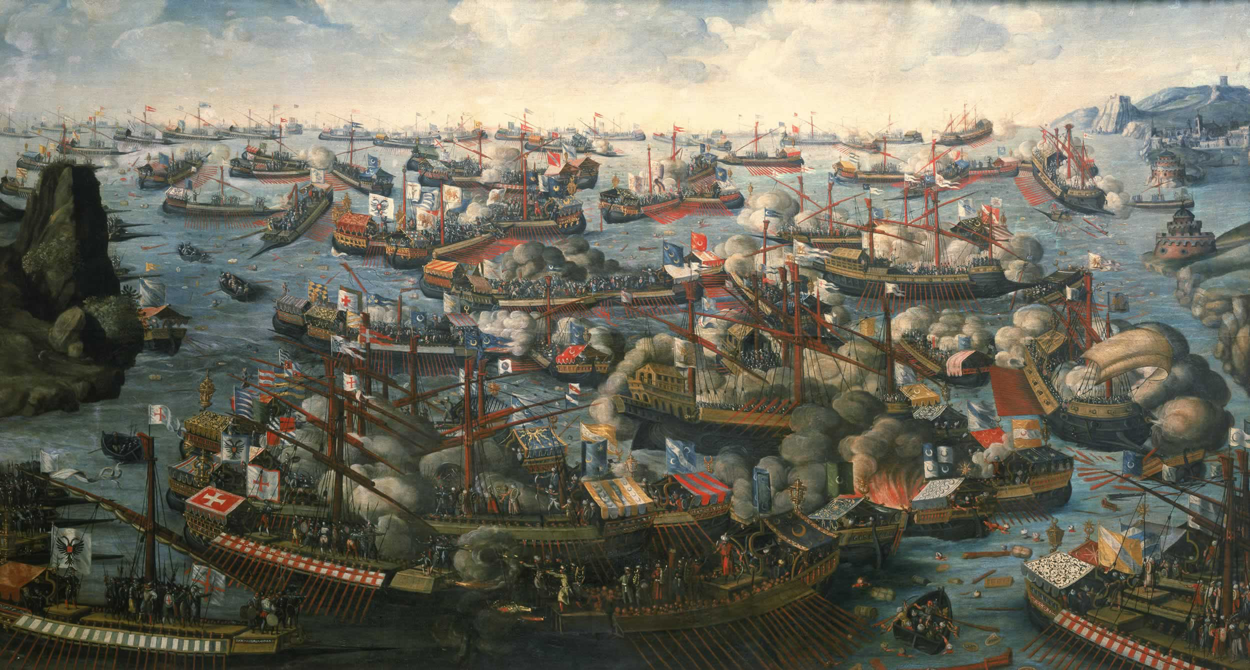 Battle of Lepanto is fought, and the Holy League (Spain and Italy) destroys the Turkish fleet