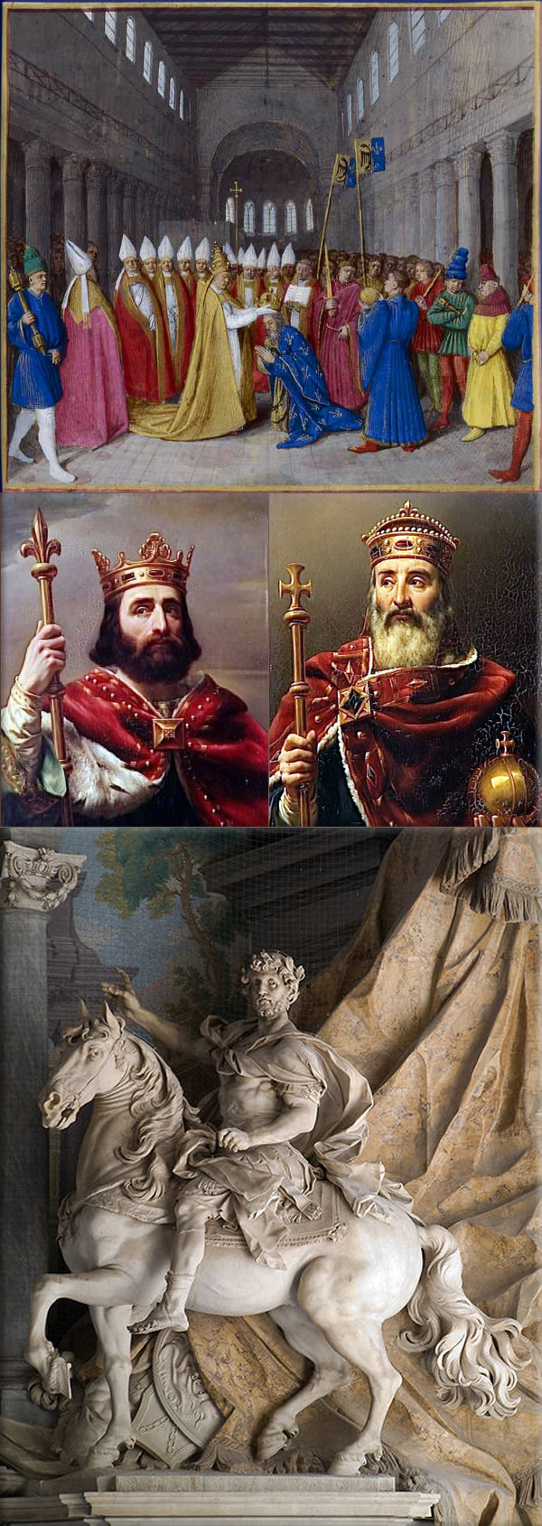 Carloman I and Charlemagne are crowned Kings of The Franks; Statue équestre de Charlemagne, par Agostino Cornacchini (1725) - Basilique Saint-Pierre du Vatican, Italie