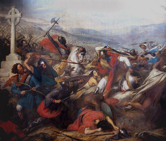 Battle of Tours: Near Poitiers, France, the leader of the Franks, Charles Martel and his men, defeat a large army of Moors, stopping the Muslims from spreading into Western Europe
