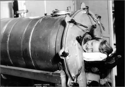 Iron lung respirator is used for the first time at Children's Hospital, Boston