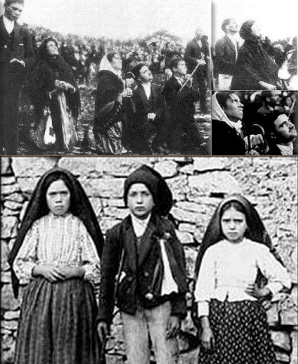 Miracle of the Sun is witnessed by an estimated 70,000 people in the Cova da Iria in Fátima, Portugal; Lucia, Francisco and Jacinta of Fatima