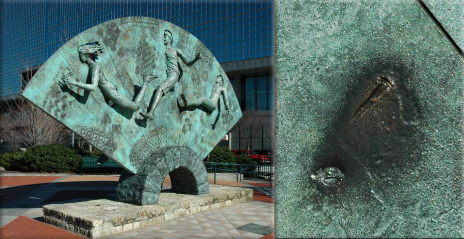 Centennial Olympic Park bombing: in Atlanta, Georgia ● Shrapnel mark on Olympic Park sculpture