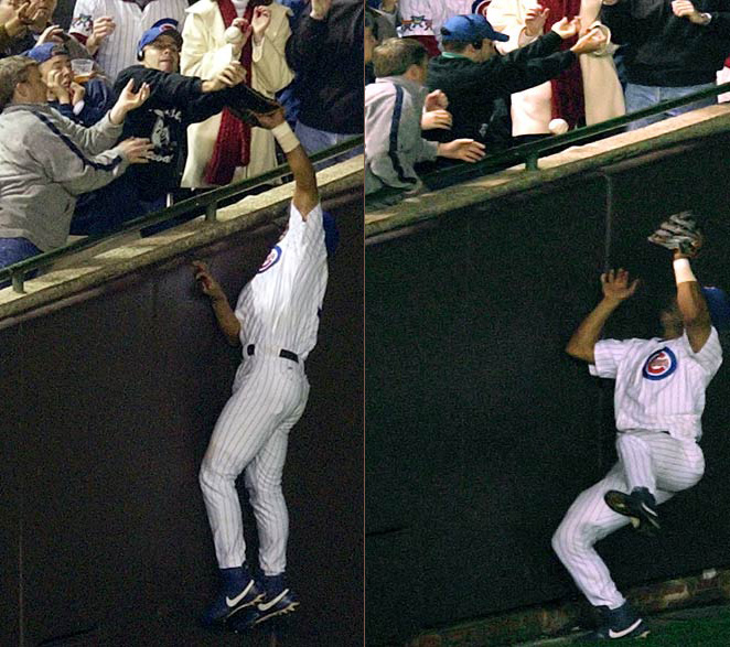 Steve Bartman incident: Chicago Cubs fan Steve Bartman becomes infamously known as the scapegoat for the Cubs losing game 6 of the 2003 National League Championship Series to the Florida Marlins
