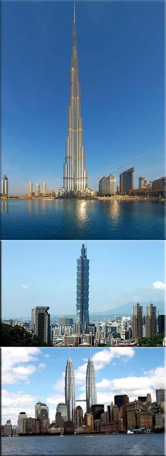 On January 4th, 2010, Burj Khalifa officially opened as the tallest manmade structure in the world; On October 17th, 2003, the pinnacle is fitted on the roof of Taipei 101, a 101-floor skyscraper in Taipei, allowing it to surpass the Petronas Twin Towers in Kuala Lumpur by 56 metres (184 ft) and become the World's tallest highrise