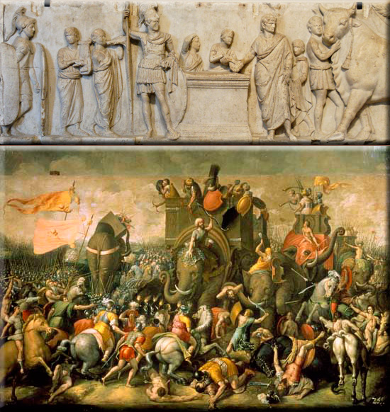 Second Punic War: Battle of Zama; Roman legions under Scipio Africanus defeat Hannibal Barca, leader of the army defending Carthage