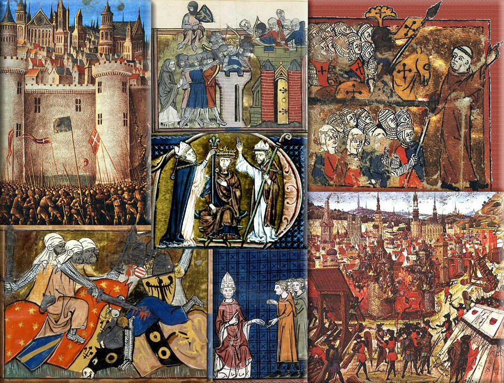 Crusades collage: Crusades were a series of religious expeditionary wars blessed by Pope Urban II and the Catholic Church, with the stated goal of restoring Christian access to the holy places in and near Jerusalem - Jerusalem considered a sacred city and symbol of all three major Abrahamic faiths (Judaism, Christianity and Islam)