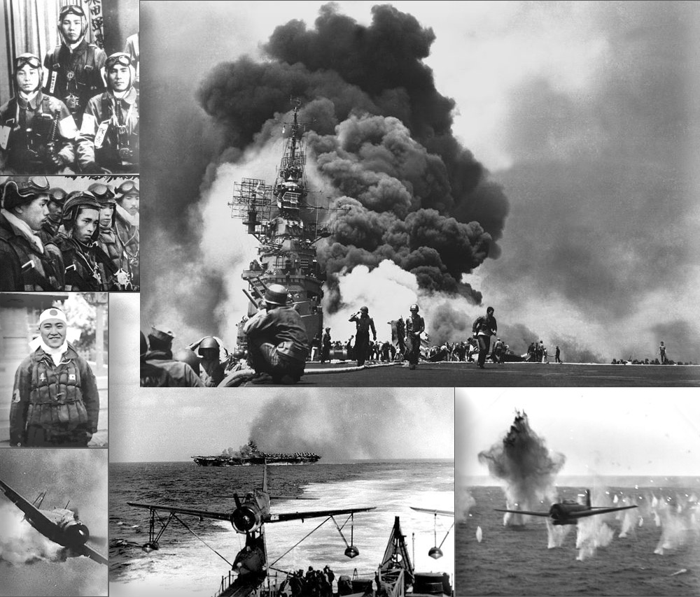 World War II: Battle of Leyte Gulf; Battle of Leyte Gulf; The first kamikaze attack: A Japanese plane carrying a 200-kilogram (440 lb) bomb attacks HMAS Australia off Leyte Island