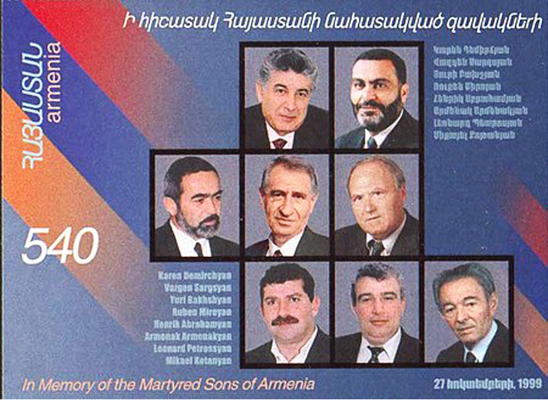 Armenian parliament shooting: Gunmen open fire in the Armenian Parliament, killing Prime Minister Vazgen Sargsyan, Chairman Karen Demirchyan, and six others.