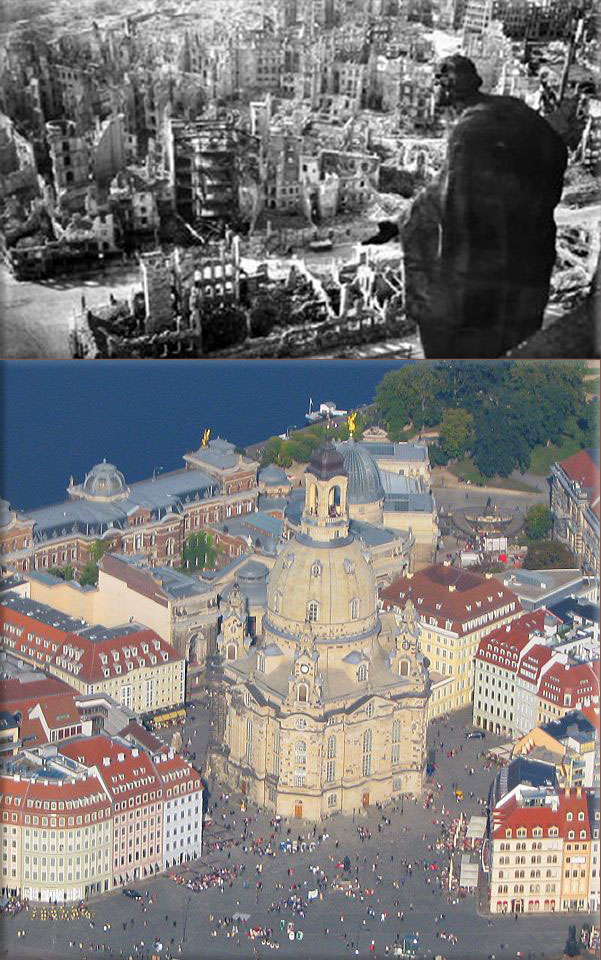 The rebuilt Dresden Frauenkirche (destroyed in the firebombing of Dresden during World War II) is reconsecrated after a thirteen-year rebuilding project