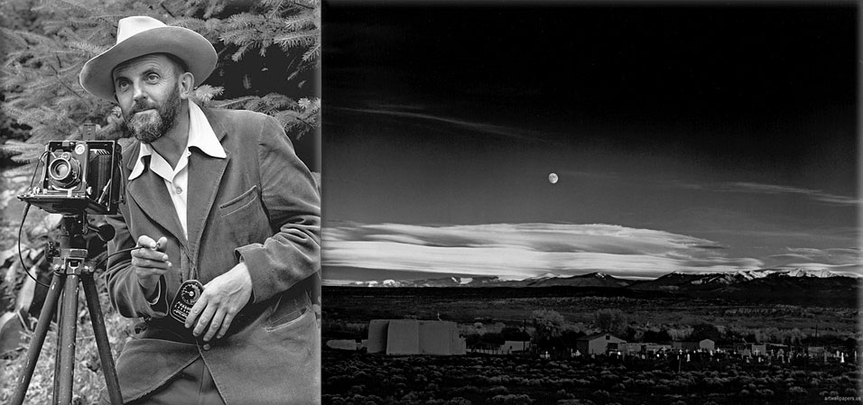 American photographer Ansel Adams takes a picture of a moonrise over the town of Hernandez, New Mexico that would become one of the most famous images in the history of photography