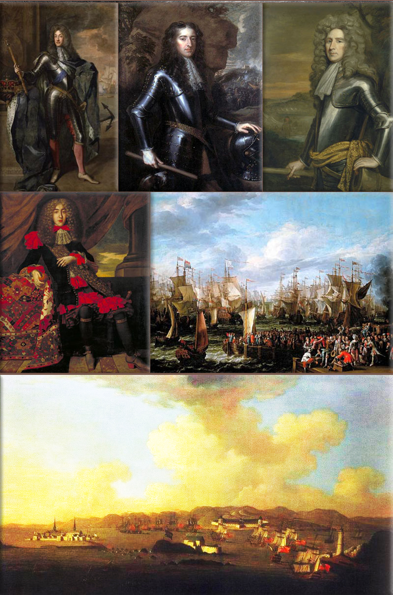 Glorious Revolution Collage: William of Orange launched a colossal armada to seize the throne from Catholic King James II