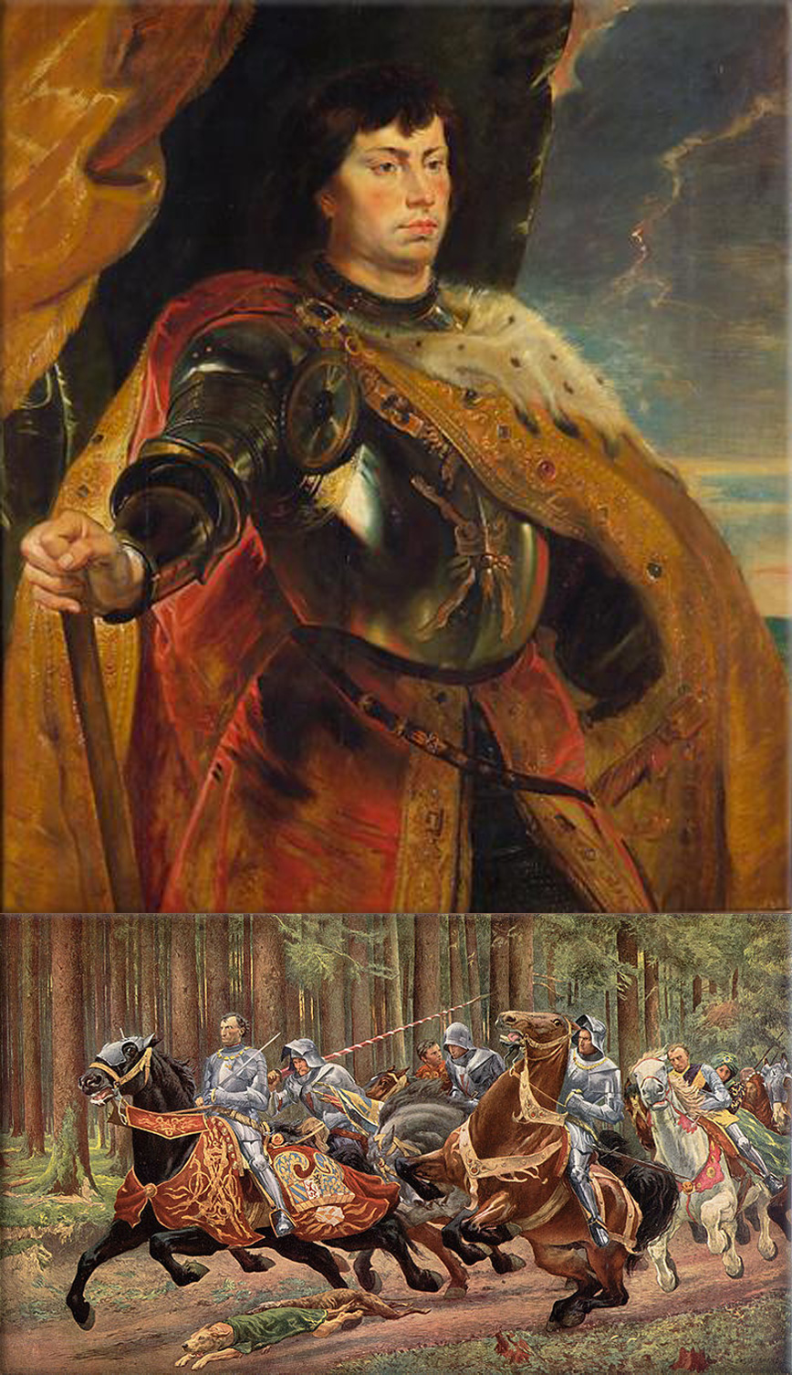 Charles the Bold, portrait by Peter Paul Rubens ● Charles' flight after the battle of Grandson, as imagined by Eugène Burnand