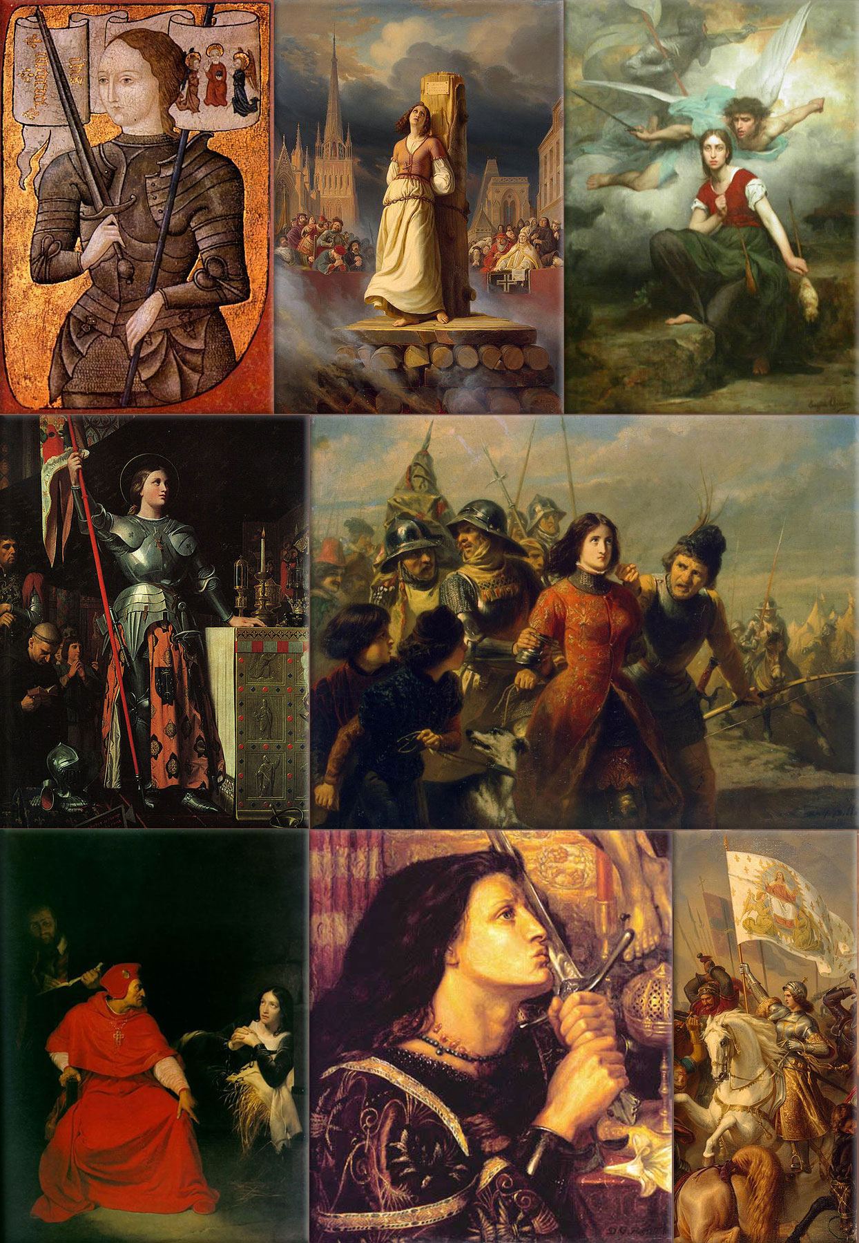 Joan of Arc Collage: An artist's interpretation, since the only known direct portrait has not survived. (Centre Historique des Archives Nationales, Paris, AE II 2490) (1485); Joan of Arc's Death at the Stake, by Hermann Stilke (1843); Jeanne d' Arc, by Eugene Thirion (1876); Joan at the coronation of Charles VII, by Jean Auguste Dominique Ingres in (1854); Joan of Arc and Prophet-French Pilgrimage; Joan interrogated in her prison cell by Cardinal Winchester, by Hippolyte Delaroche, (1824); Saint Joan of Arc, Vatican City; Joan of Arc in Battle, by Hermann Anton Stilke