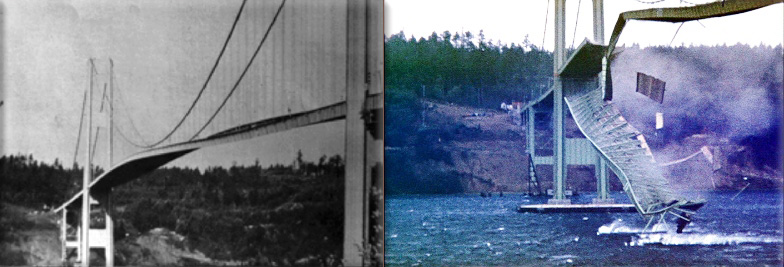 Tacoma, Washington: the original Tacoma Narrows Bridge collapses in a windstorm, a mere four months after the bridge's completion