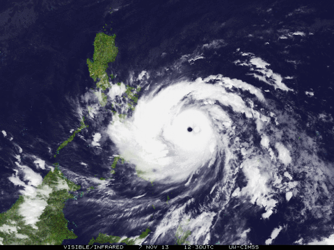 Typhoon Haiyan: one of the strongest tropical cyclones ever recorded, strikes the Visayas region of the Philippines; the storm left at least 6,340 people dead, and damages of $2.86 billion (2013 USD)