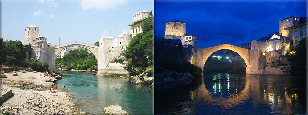 Stari most, the 'old bridge' in Bosnian Mostar built in 1566, collapses after several days of bombing