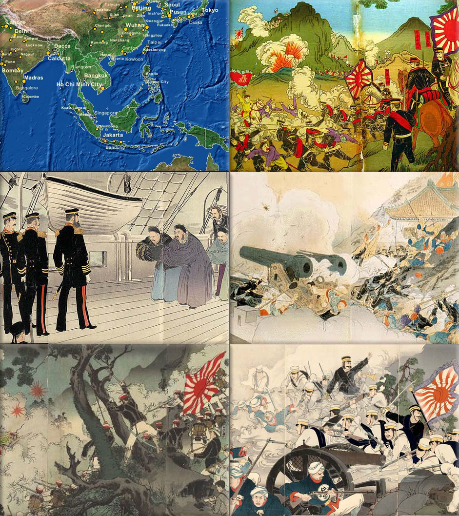 First Sino-Japanese War Collage: (August 1, 1894 – April, 17 1895) was fought between Qing Dynasty China and Meiji Japan, primarily over control of Korea