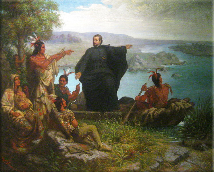 Pere Marquette and the Indians [at the Mississippi River], oil painting (1869) by Wilhelm Lamprecht (1838–1906), at Marquette University