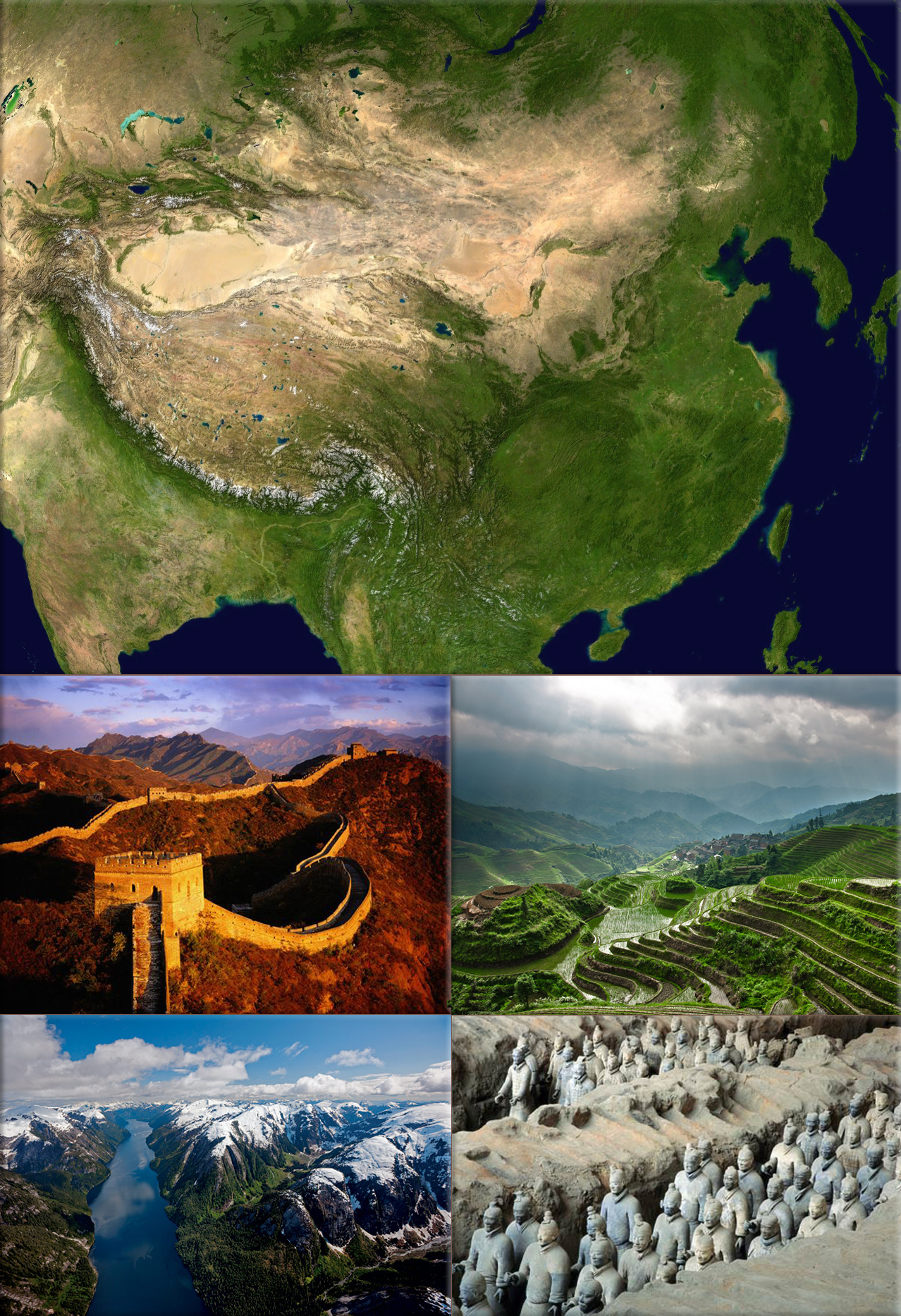 China: the world's most populous country, covering approximately 9.6 million square kilometres, second-largest country by land area (China from NASA Wordwind Satellite; Great Wall China, credit National Geographic; LongJi Terrace, credit National Geographic; Great Bear Rainforest, credit Paul Nicklen, National Geographic; Platoons of clay soldiers were buried with China's first emperor, Qin Shi Huang Di, (required a labor force of 700,000 to build), credit O. Louis Mazzatenta, National Geographic)