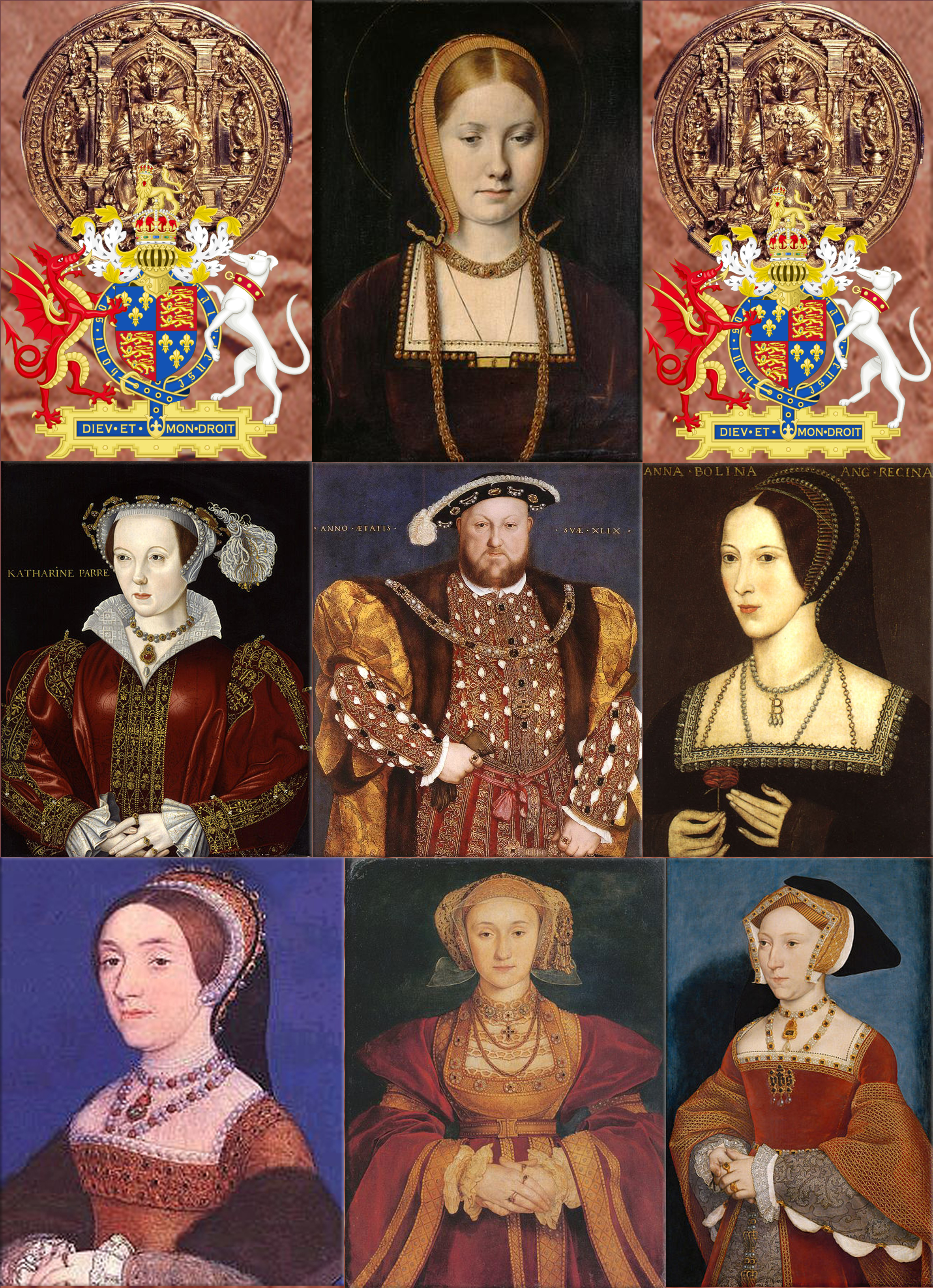 Henry VIII; Coat of Arms and Seal of Henry VIII of England; Catherine of Aragon as a young widow, by court painter Michael Sittow, 1502; Anne Boleyn, Henry's second queen; a later copy of an original painted 1534; Jane Seymour<, Henry's third wife; Anne of Cleves, Henry's forth wife by Hans Holbein the Younger, 1539; Catherine Howard<, Henry's fifth wife, by Hans Holbein the Younger, 1540; Catherine Parr, Henry's sixth and last wife