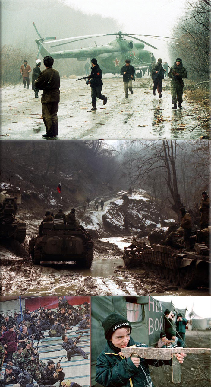 Chechen_War: War in Chechnya, was a conflict between the Russian Federation and the Chechen Republic of Ichkeria (Chechen guerrilla warfare and raids on the flatlands vs Russia's overwhelming manpower, weaponry, and air support)