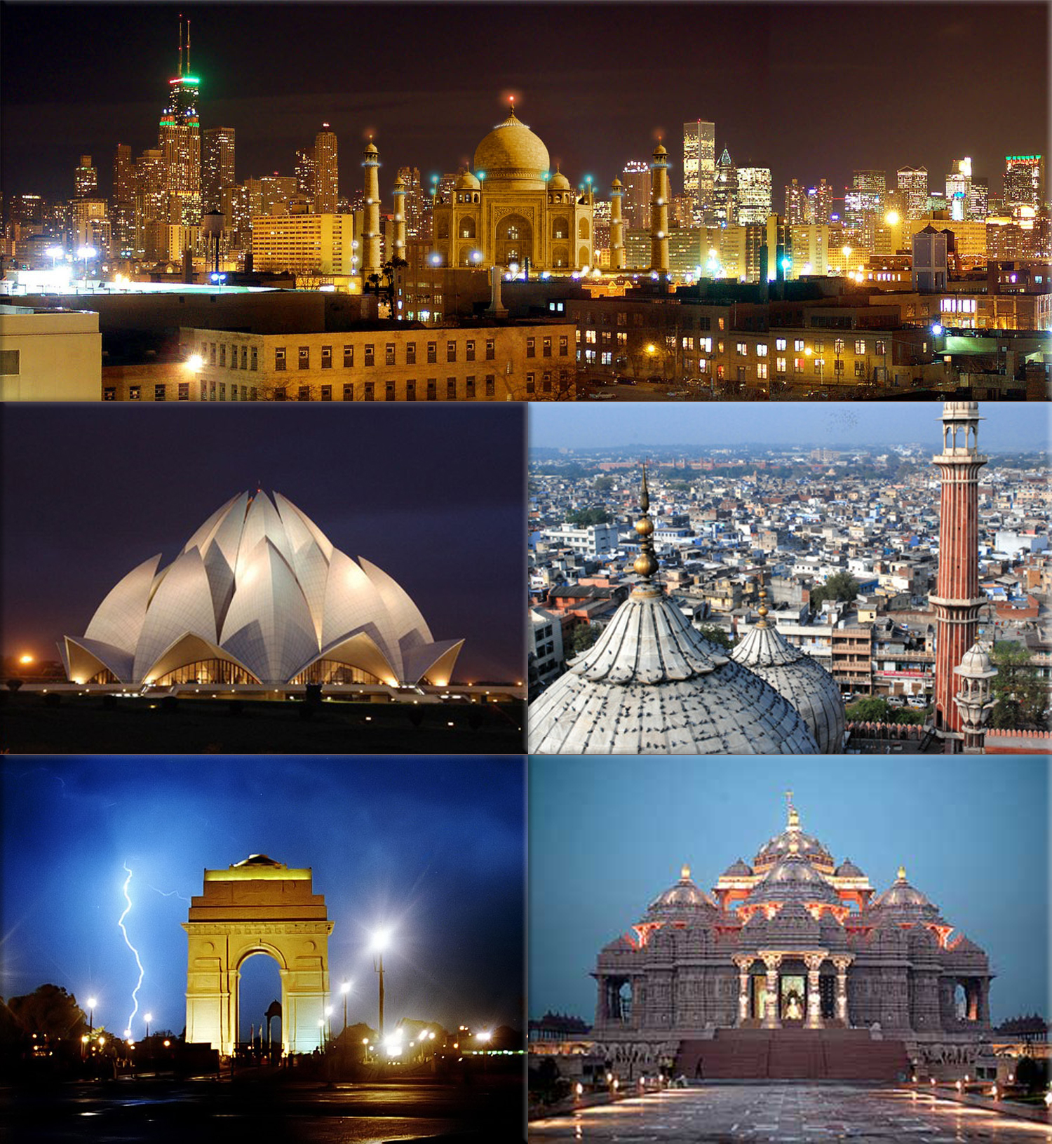 Delhi India: Skyline at night (depiction); Lotus temple, Humayun's Tomb, India Gate and Akshardham temple